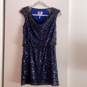 NWT black sequined dress with royal blue lining